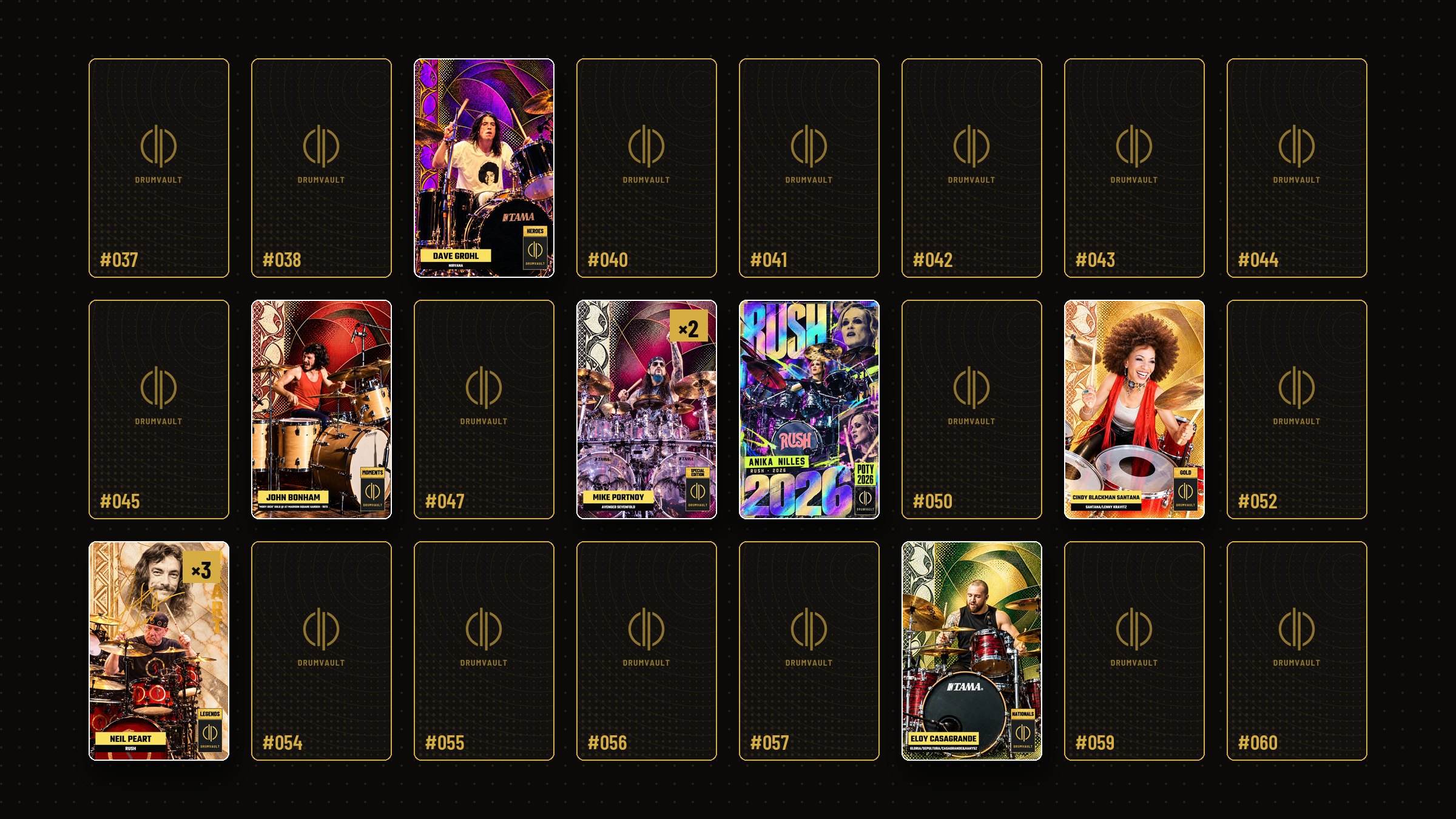 Simulação do My Vault: álbum numerado com cartas obtidas, faltantes e repetidas